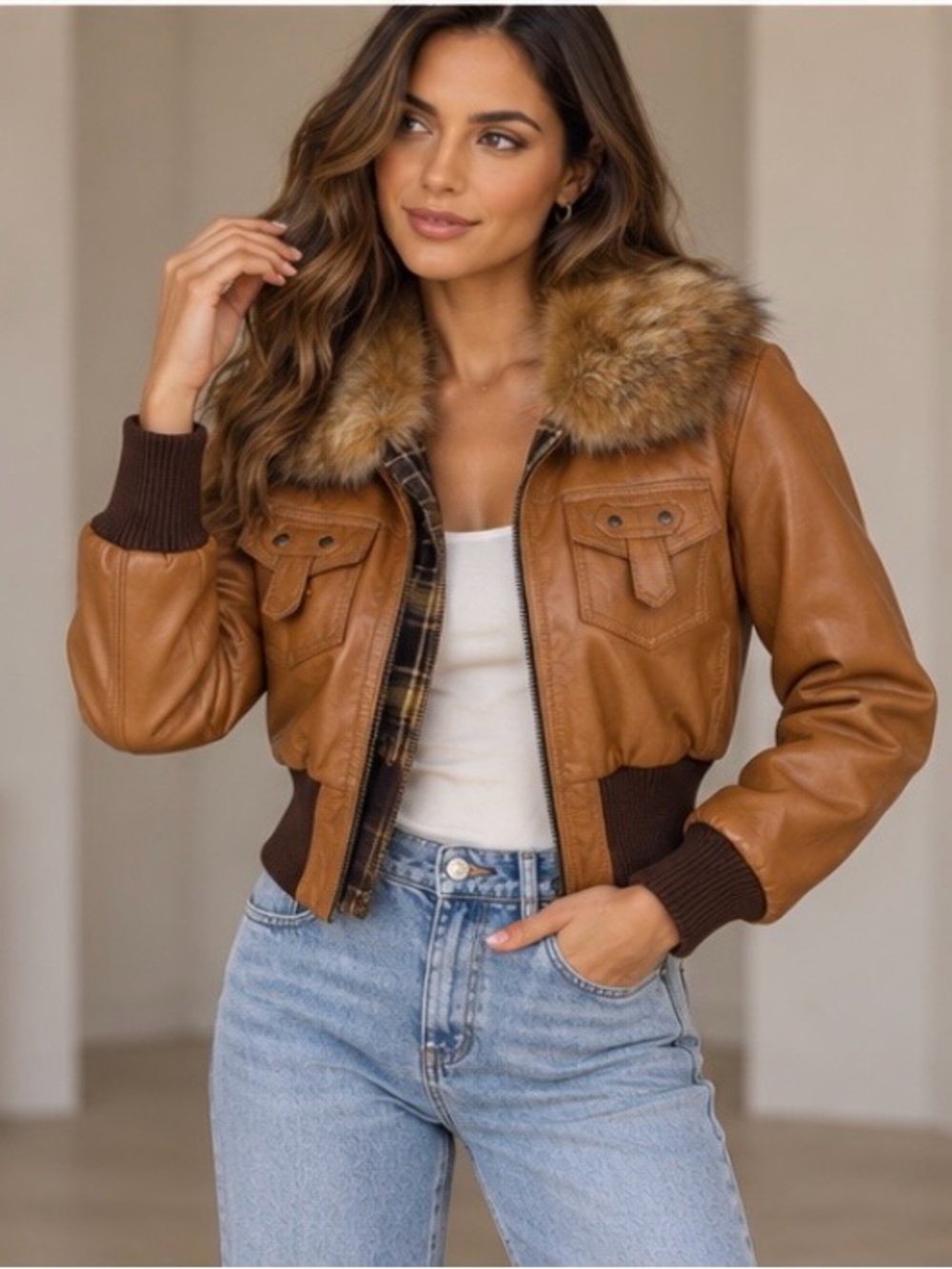 Women's Tan Lamb Leather Bomber Jacket with Fur Collar